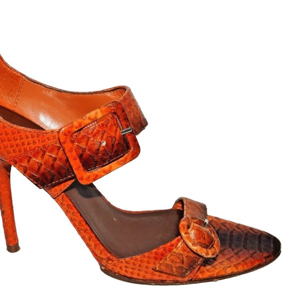 HYPE PARADE SZ 7 M ORANGE SNAKE PRINT LEATHER SANDALS STILETTO HEELS - Picture 4 of 5
